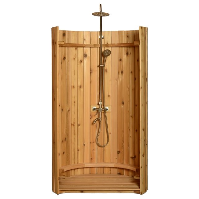 AlekoCedar Wood Curved Enclosure Outdoor Rinse Shower EllipseSHCEDRUSTIC-APOutdoor ShowerStainless Steel Outdoor ShowersWeather Resistant Outdoor Showers