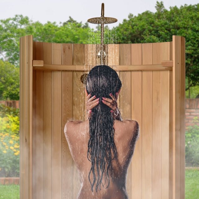 AlekoCedar Wood Curved Enclosure Outdoor Rinse Shower EllipseSHCEDRUSTIC-APOutdoor ShowerStainless Steel Outdoor ShowersWeather Resistant Outdoor Showers