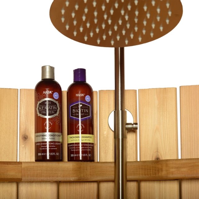 AlekoCedar Wood Curved Enclosure Outdoor Rinse Shower EllipseSHCEDRUSTIC-APOutdoor ShowerStainless Steel Outdoor ShowersWeather Resistant Outdoor Showers