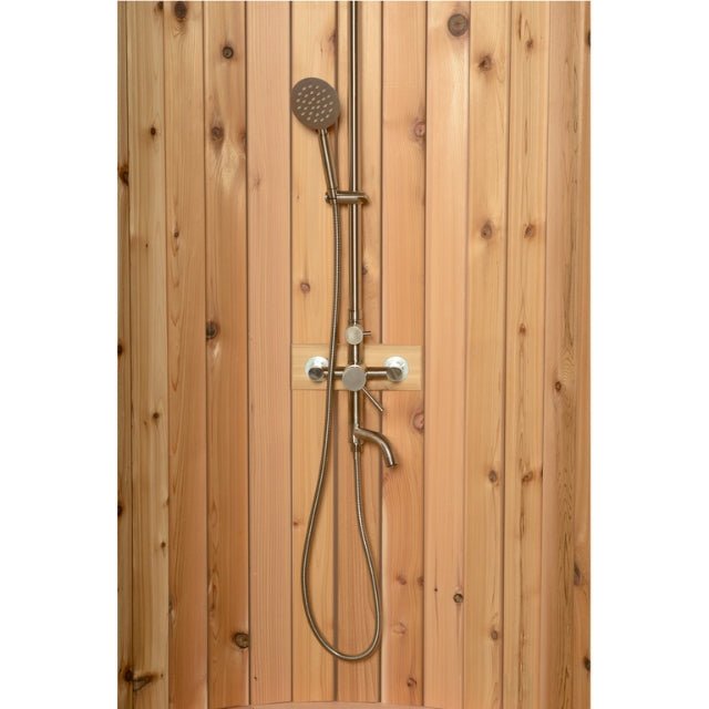 AlekoCedar Wood Curved Enclosure Outdoor Rinse Shower EllipseSHCEDRUSTIC-APOutdoor ShowerStainless Steel Outdoor ShowersWeather Resistant Outdoor Showers