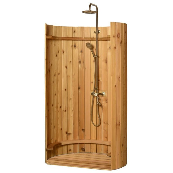 AlekoCedar Wood Curved Enclosure Outdoor Rinse Shower EllipseSHCEDRUSTIC-APOutdoor ShowerStainless Steel Outdoor ShowersWeather Resistant Outdoor Showers