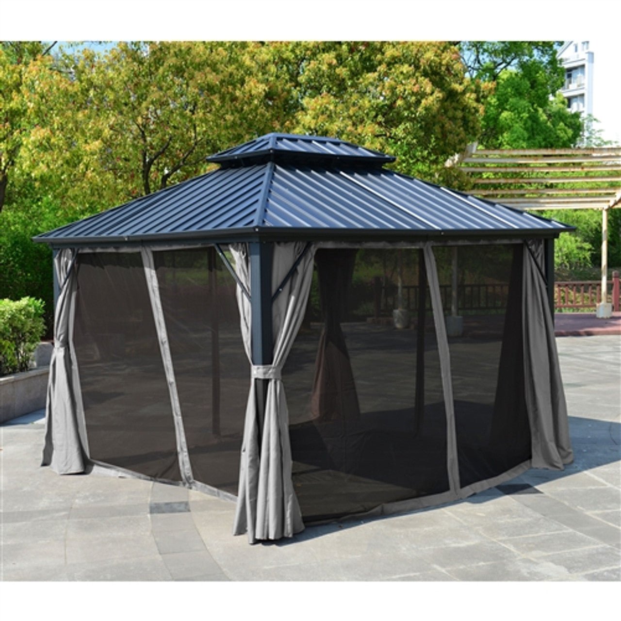 AlekoDouble Roof Hardtop Gazebo 12 x 10 w/ Mosquito Net BlackGAZM10X12-APSunshades