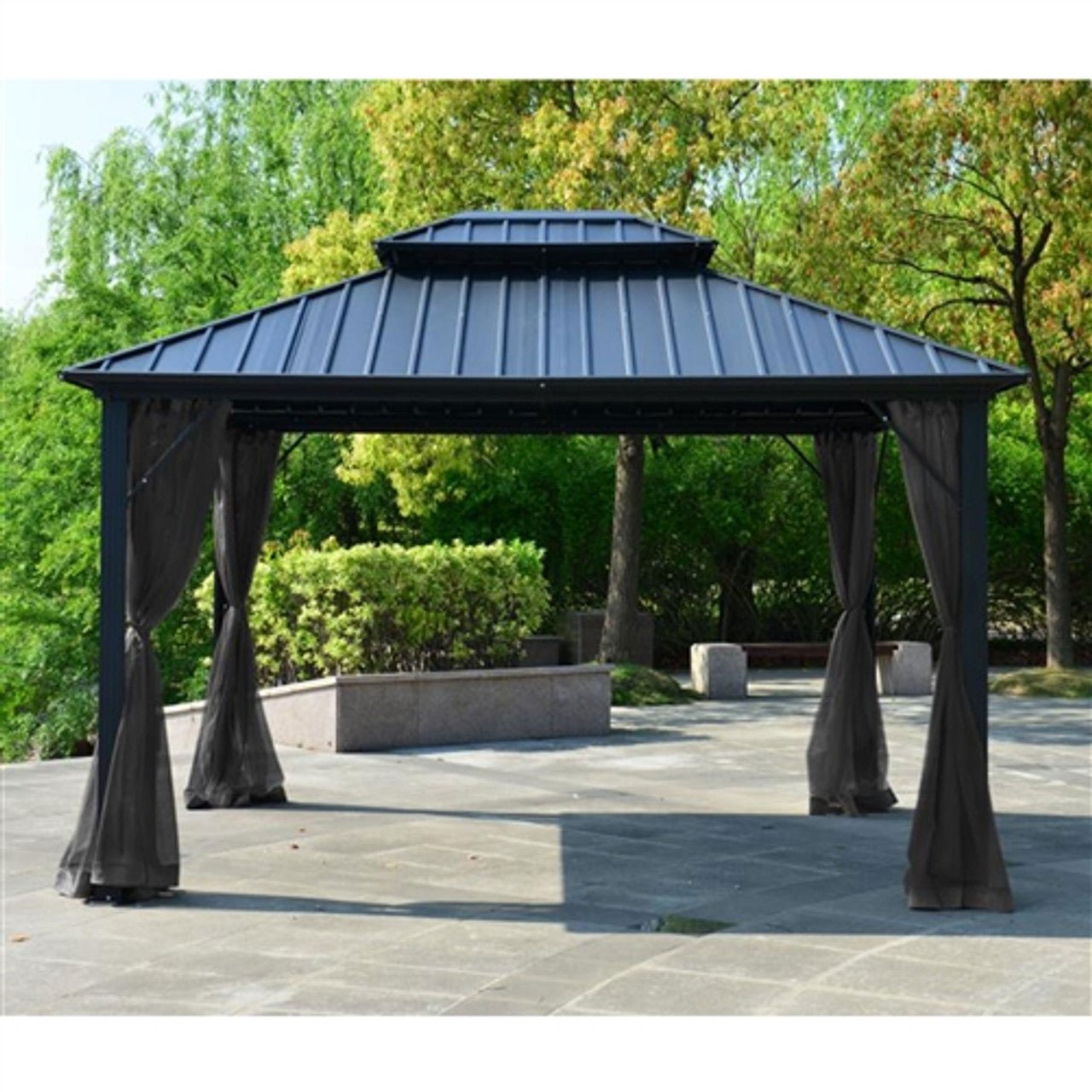 AlekoDouble Roof Hardtop Gazebo 12 x 10 w/ Mosquito Net BlackGAZM10X12-APSunshades